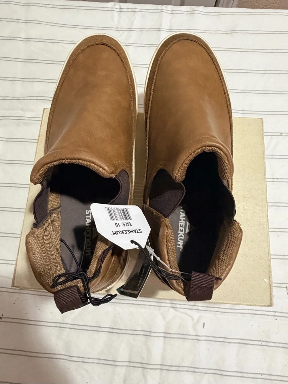 Men's Brown Leather-Style Slip-On Boots with White Sole